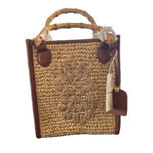 Tommy Bahama Straw Tote Bag Natural Faux Bamboo Handles NWT